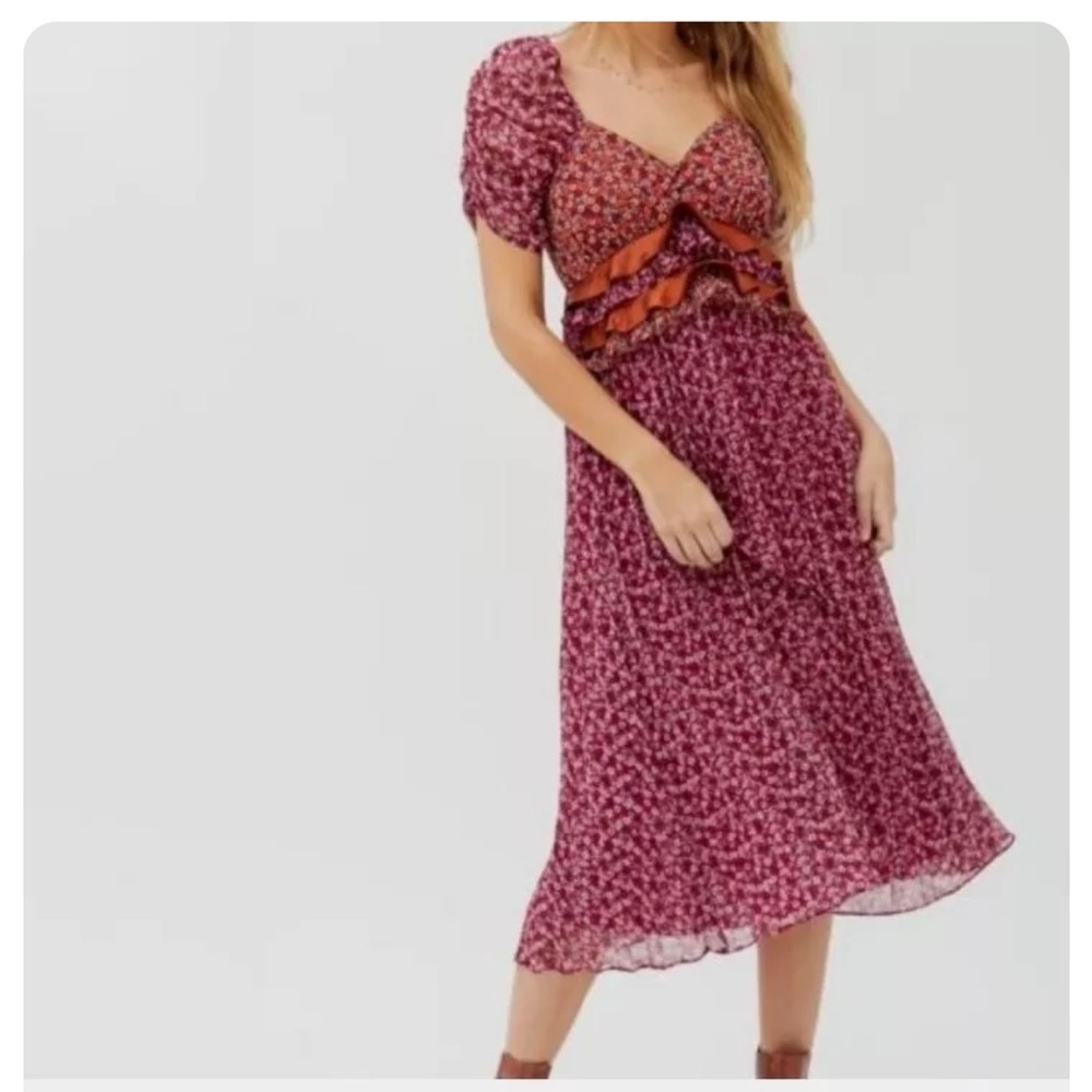 Mixed Floral Print Ruffle Midi Dress